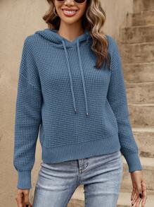 SHEIN Frenchy Solid Drawstring Hooded Drop Shoulder Jumper - Dusty Blue - View 5