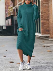 SHEIN LUNE Vestido de punto cuello alto de manga raglán - Azul - Ver 4