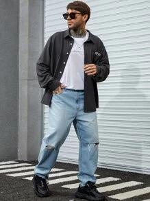 Manfinity 男士字母補丁細節前口袋襯衫 - 深灰色 - 查看 5