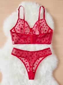 PetitDoll Plus Heart Print Mesh Underwire Lingerie Set - Red - View 2