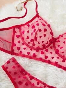 PetitDoll Plus Heart Print Mesh Underwire Lingerie Set - Red - View 4