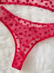PetitDoll Plus Heart Print Mesh Underwire Lingerie Set - Red - View 5
