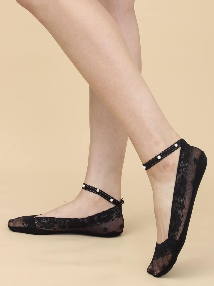 人工パールデコレーション くるぶしソックス - ブラック - 見る 5