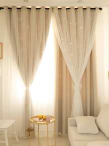 1pc Hollow Star Lace Double-Layer Curtain - Beige - View 1