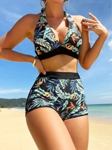 Tropical Print Halter Shorts Summer Beach Bikini Set - Multicolor - View 3