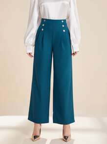Modelyn Button Detail Fold Pleated Suit Trousers - Teal Blue - View 1