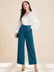 Modelyn Button Detail Fold Pleated Suit Trousers - Teal Blue - View 3