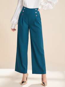 Modelyn Button Detail Fold Pleated Suit Trousers - Teal Blue - View 5