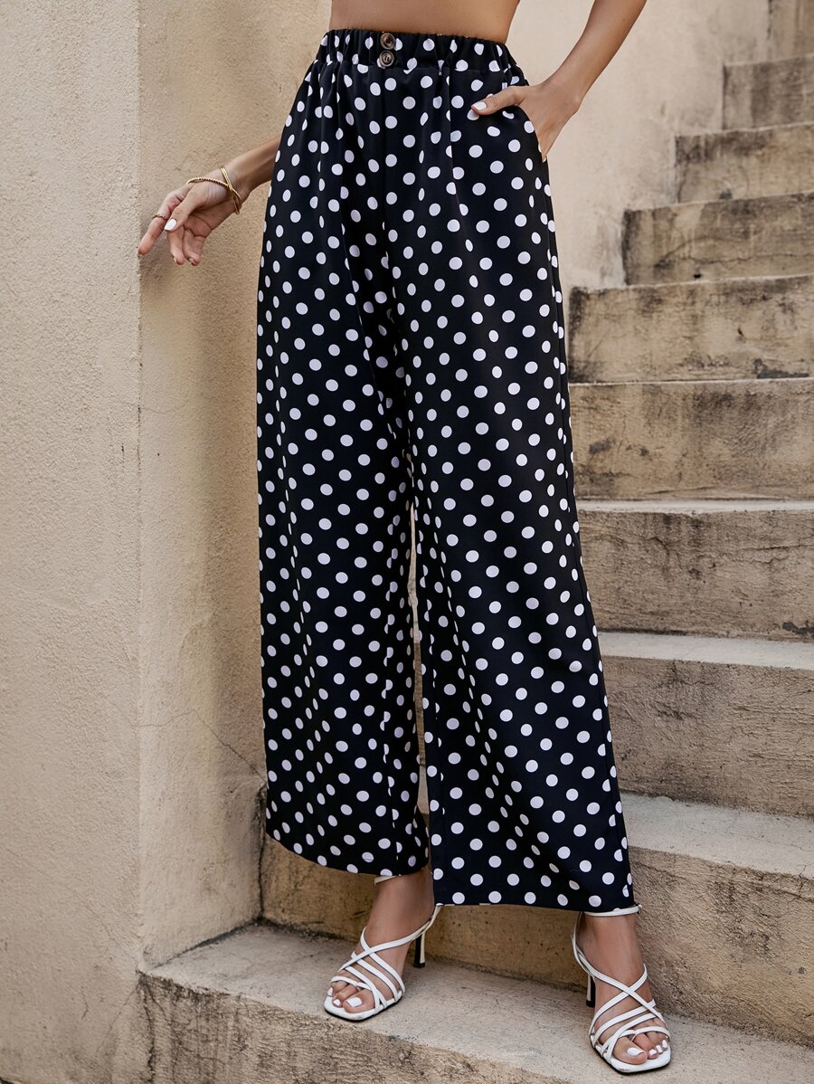 SHEIN LUNE Polka Dot Print Slant Pocket Wide Leg Trousers - Black - View 1