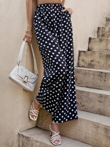 SHEIN LUNE Polka Dot Print Slant Pocket Wide Leg Trousers - Black - View 3