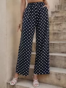SHEIN LUNE Polka Dot Print Slant Pocket Wide Leg Trousers - Black - View 5