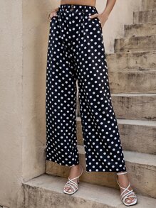SHEIN LUNE Polka Dot Print Slant Pocket Wide Leg Trousers - Black - View 6