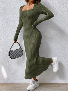 SHEIN Frenchy Đầm Gân đan màu trơn Thanh lịch - xanh quân đội - Xem 1