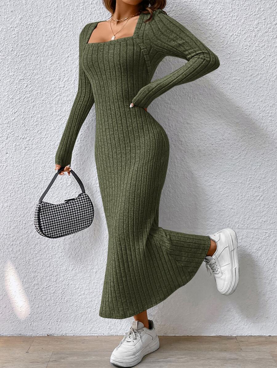 SHEIN Frenchy Đầm Gân đan màu trơn Thanh lịch - xanh quân đội - Xem 1