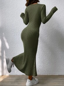 SHEIN Frenchy Đầm Gân đan màu trơn Thanh lịch - xanh quân đội - Xem 2