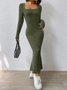 SHEIN Frenchy Đầm Gân đan màu trơn Thanh lịch - xanh quân đội - Xem 3