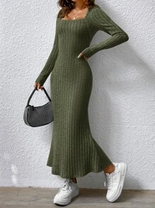 SHEIN Frenchy Đầm Gân đan màu trơn Thanh lịch - xanh quân đội - Xem 4