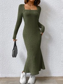 SHEIN Frenchy Đầm Gân đan màu trơn Thanh lịch - xanh quân đội - Xem 5