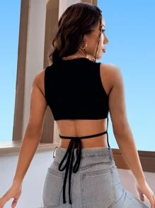 SHEIN Essnce Tie Back Crop Tank Top - Black - View 3