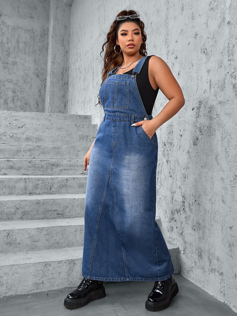 SHEIN EZwear Plus Slant Pocket Denim Overall Dress Without Tank Top ...