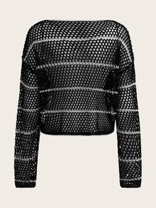 鏤空落肩袖套頭毛衣 - 黑色 - 查看 2