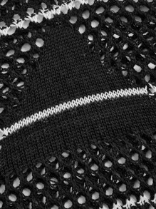 鏤空落肩袖套頭毛衣 - 黑色 - 查看 4