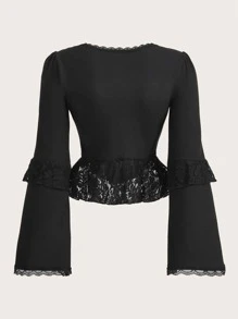 ROMWE Goth Contrast Lace Flounce Sleeve Peplum Blouse - Black - View 2