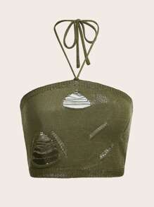 ROMWE Ripped Halter Knit Top - Army Green - View 1