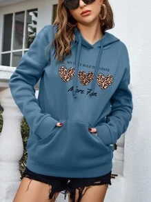 SHEIN Essnce Heart & Slogan Graphic Kangaroo Pocket Drawstring Thermal Hoodie - Dusty Blue - View 3