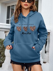 SHEIN Essnce Heart & Slogan Graphic Kangaroo Pocket Drawstring Thermal Hoodie - Dusty Blue - View 4