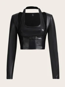 ROMWE PUNK 大碼素色PU皮革帶扣細節短款繞頸襯衫 - 黑色 - 查看 1