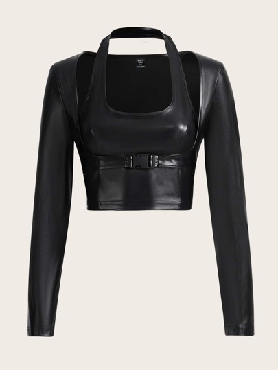 Bluse mit PU Leder Schnalle Detail, Crop Neckholder
