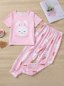 Girls Rabbit & Letter Graphic Tee & Carrot Trousers PJ Set - Baby Pink - View 1
