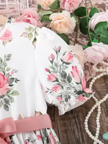 SHEIN 女孩印花泡泡袖百褶下擺繫腰帶連衣裙 - 白色 - 查看 4