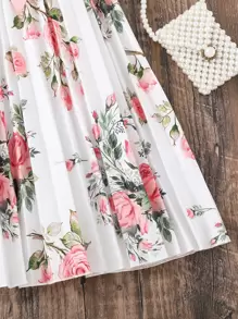 SHEIN 女孩印花泡泡袖百褶下擺繫腰帶連衣裙 - 白色 - 查看 5