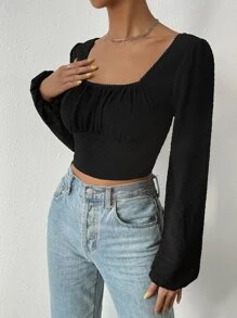 SHEIN Privé Square Neck Lantern Sleeve Ruched Bust Crop Blouse - Black - View 5