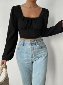 SHEIN Privé Square Neck Lantern Sleeve Ruched Bust Crop Blouse - Black - View 6