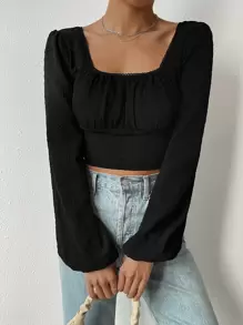 SHEIN Privé Square Neck Lantern Sleeve Ruched Bust Crop Blouse - Black - View 1
