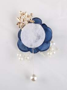 1pc Navy Blue Rhinestone & Pearl Bridal Brooch - Dusty Blue - View 4