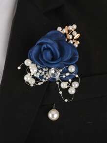 1pc Navy Blue Rhinestone & Pearl Bridal Brooch - Dusty Blue - View 1