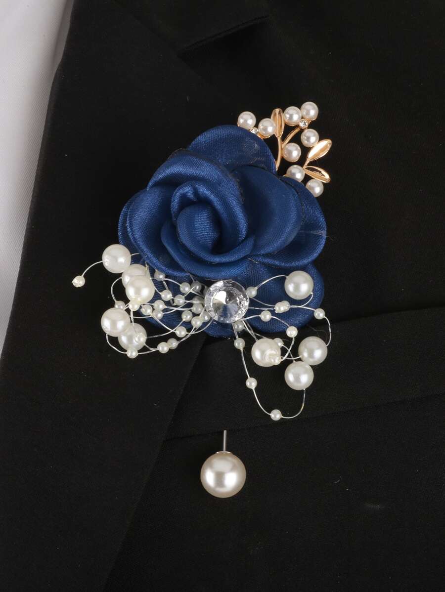 1pc Navy Blue Rhinestone & Pearl Bridal Brooch - Dusty Blue - View 1