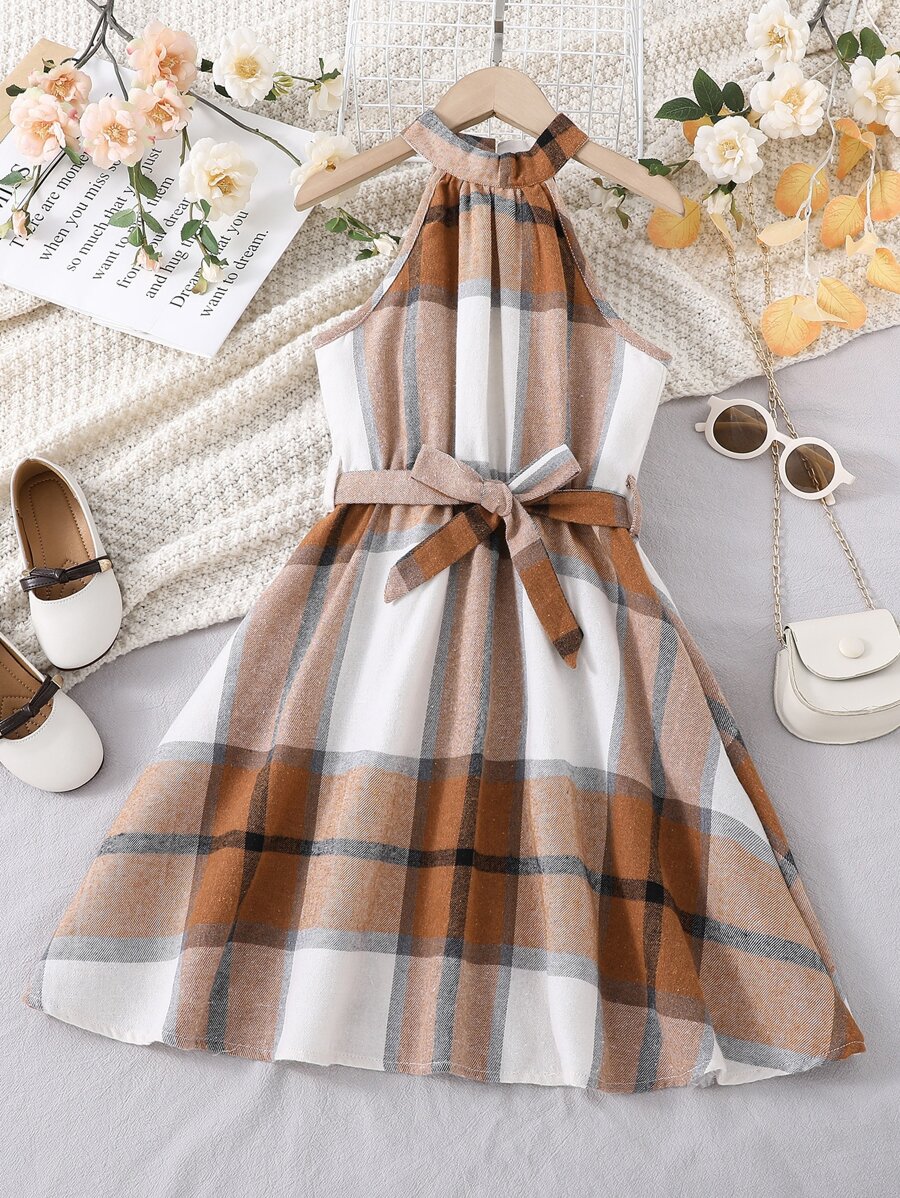 Girls Plaid Print Halter Dress - Multicolor - View 1