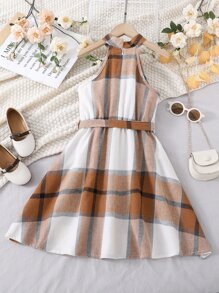 Girls Plaid Print Halter Dress - Multicolor - View 2