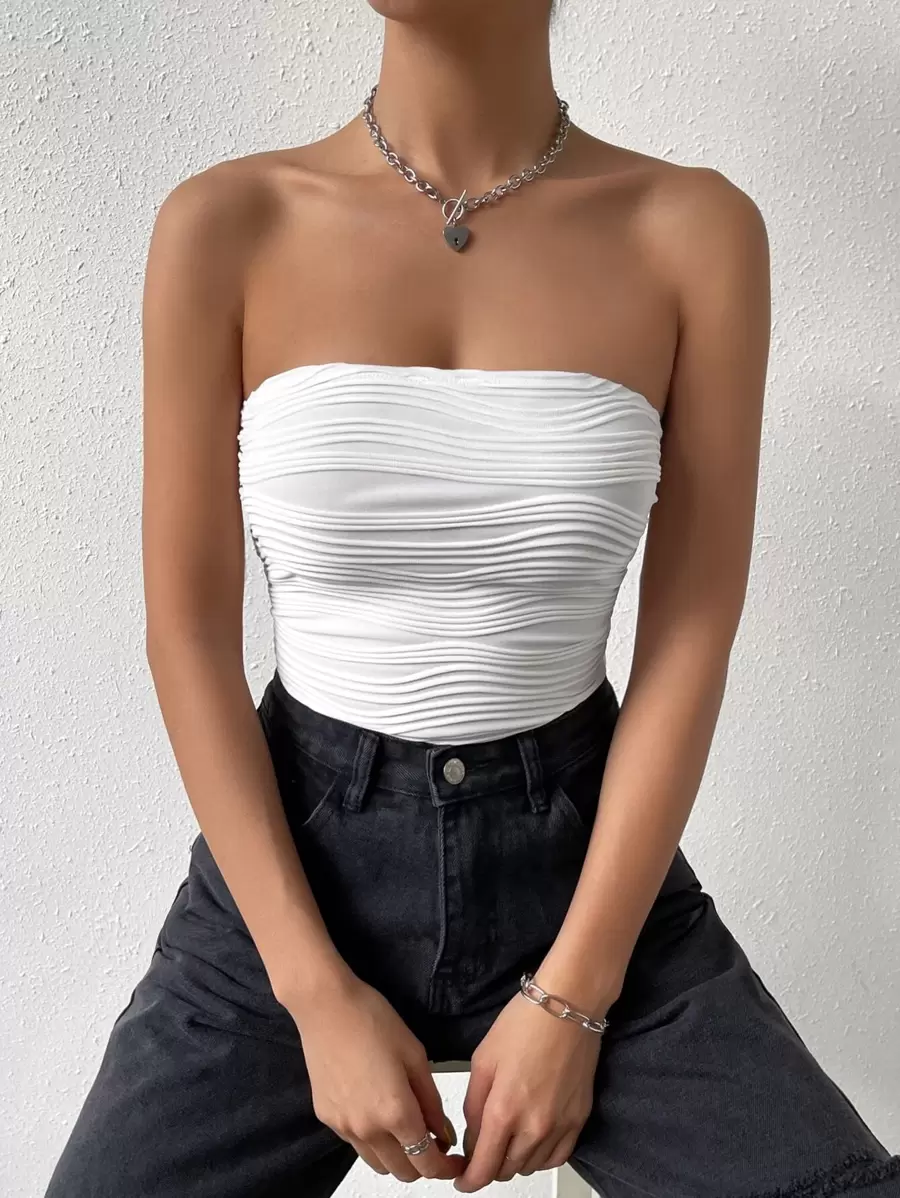 SHEIN EZwear Solid Textured Tube Top Strapless Top - White - View 1