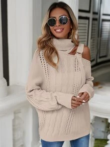 SHEIN LUNE Turtleneck Cut Out Buckle Detail Cable Knit Jumper - Apricot - View 1