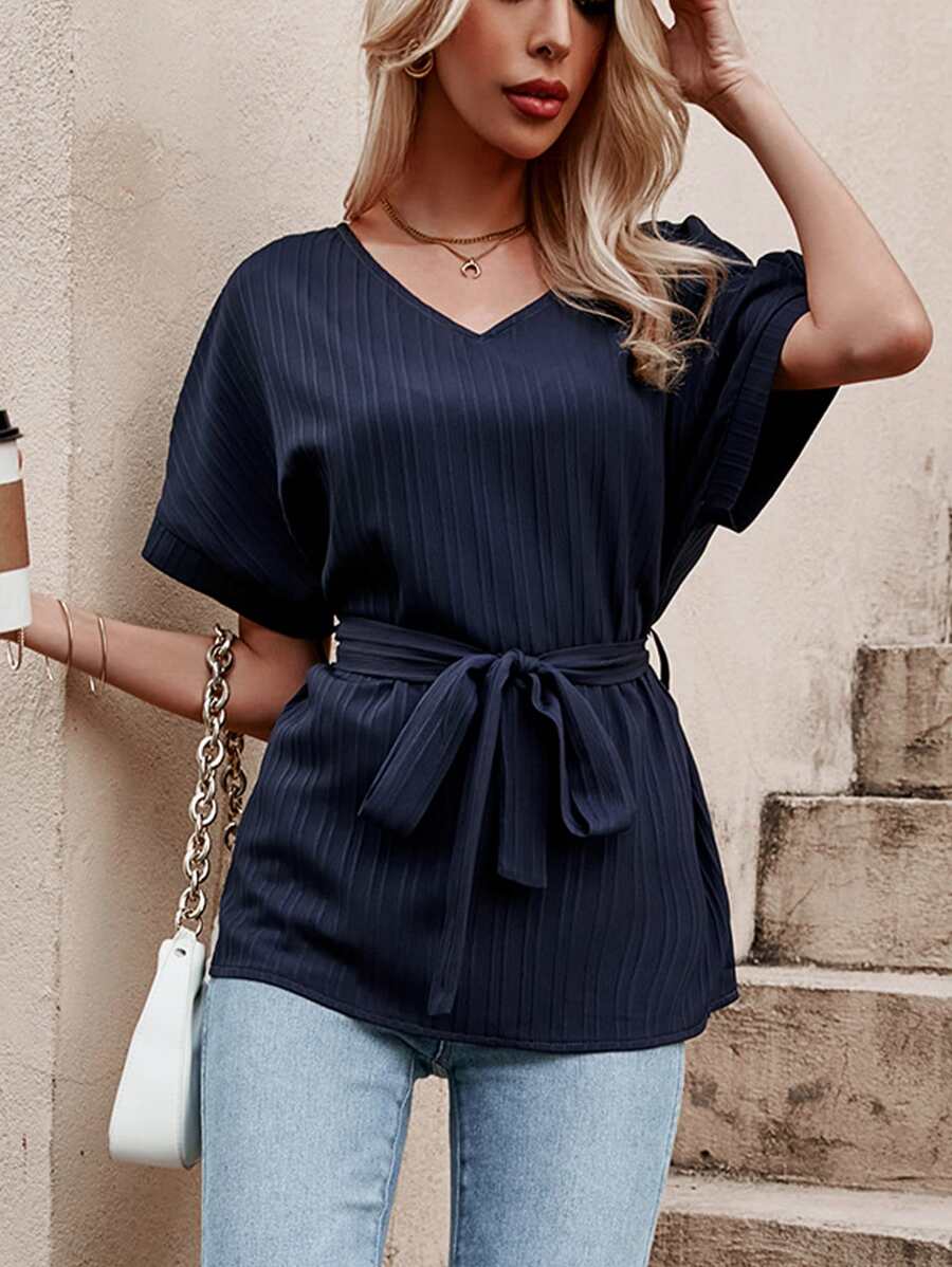 SHEIN LUNE Solid Belted V Neck Blouse - Navy Blue - View 1