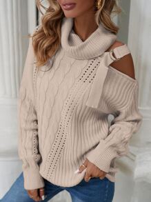 SHEIN LUNE Turtleneck Cut Out Buckle Detail Cable Knit Jumper - Apricot - View 3