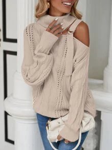 SHEIN LUNE Turtleneck Cut Out Buckle Detail Cable Knit Jumper - Apricot - View 4