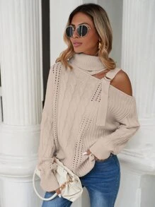 SHEIN LUNE Turtleneck Cut Out Buckle Detail Cable Knit Jumper - Apricot - View 5