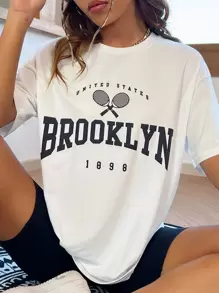SHEIN MOOSTA Camiseta con gráfico de letra y hombros caídos, camisetas gráficas para mujer